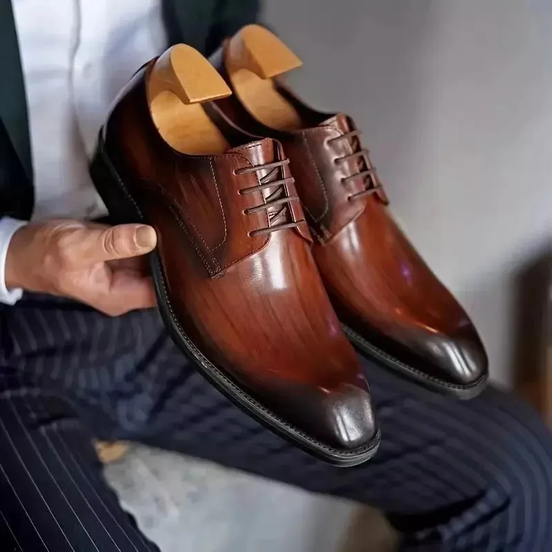 Handmade Dark Brown Shaded Leather Lace Up Derby Office Shoes For Mens