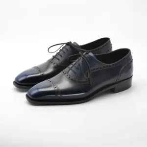 Handmade Men Dark Blue Brogue Leather Lace Up Office Shoe, Business Oxford Shoe
