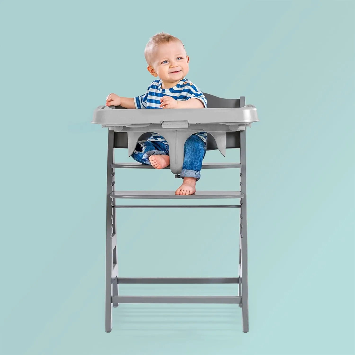 hauck Alpha  Grow Along Kids Adjustable Wooden High Chair Bundled with Tray Table and Deluxe Padded Seat Cushion Accessories, Grey