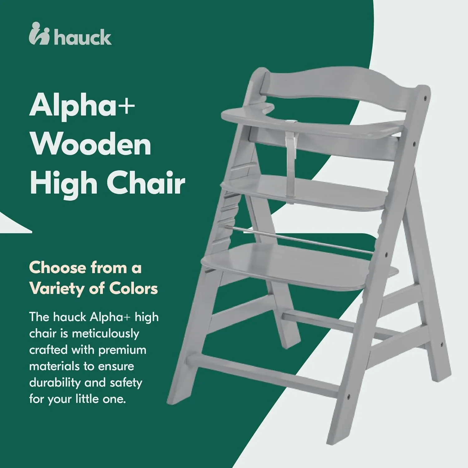 hauck Alpha  Grow Along Kids Adjustable Wooden High Chair Bundled with Tray Table and Deluxe Padded Seat Cushion Accessories, Grey