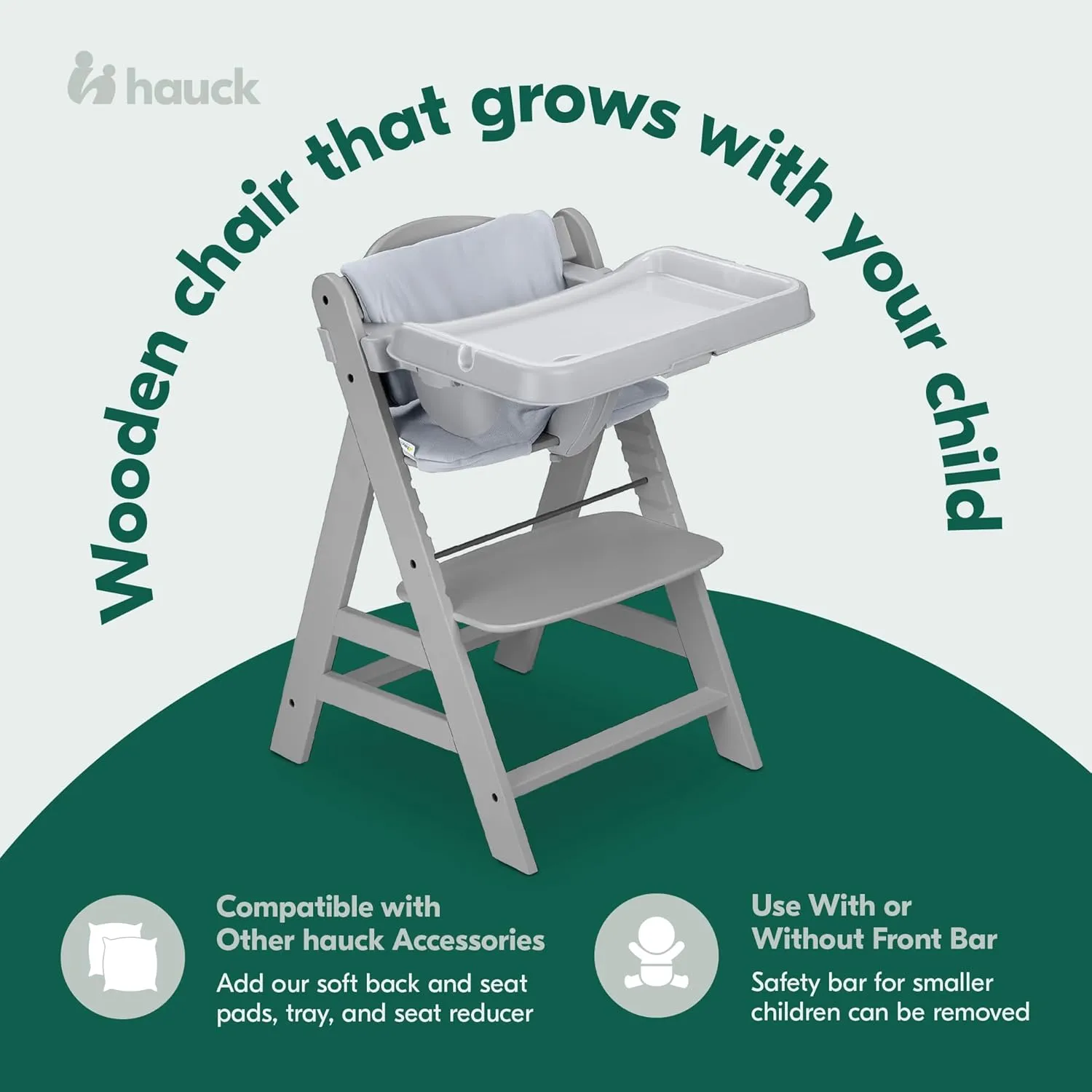 hauck Alpha  Grow Along Kids Adjustable Wooden High Chair Bundled with Tray Table and Deluxe Padded Seat Cushion Accessories, Grey
