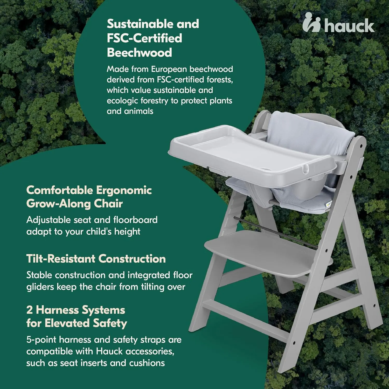 hauck Alpha  Grow Along Kids Adjustable Wooden High Chair Bundled with Tray Table and Deluxe Padded Seat Cushion Accessories, Grey