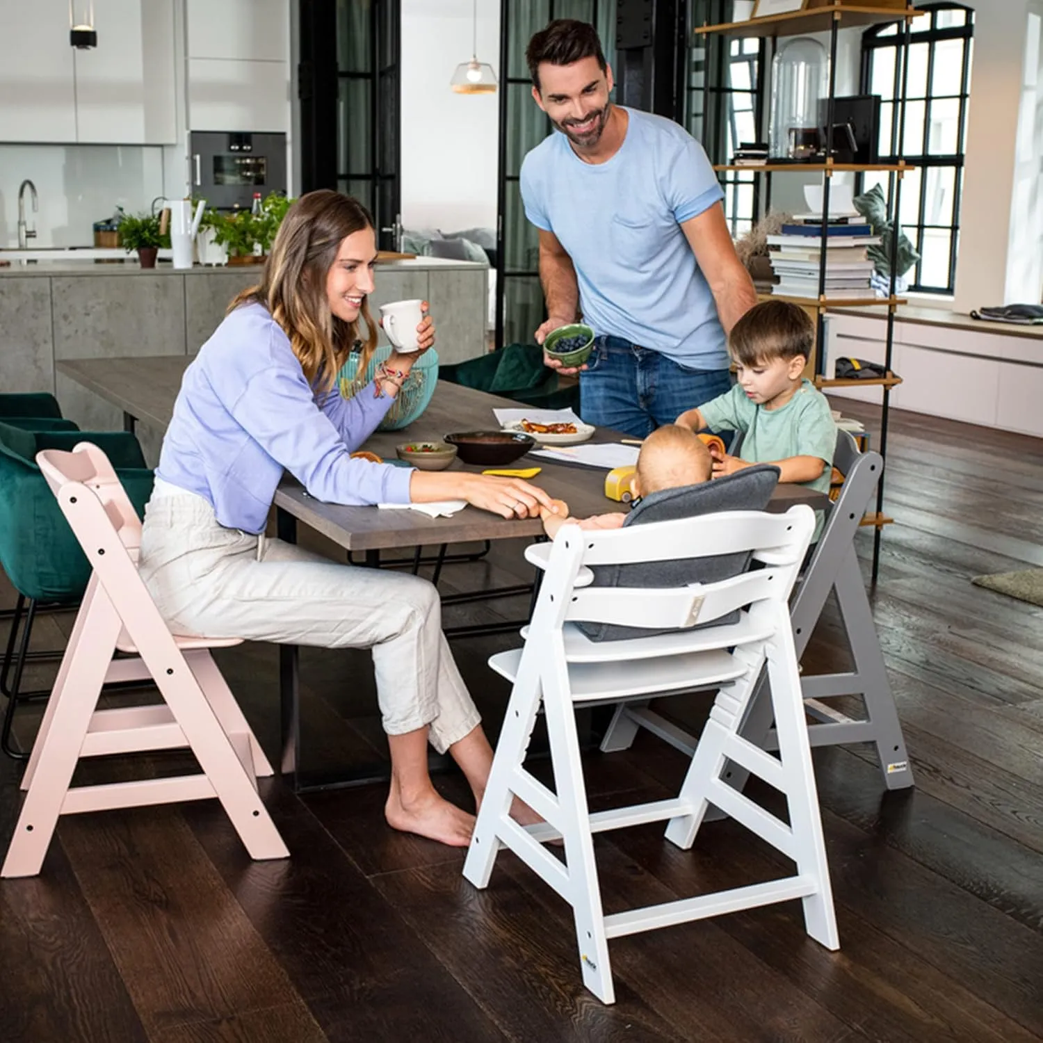 hauck Alpha  Grow Along White Wooden High Chair Seat with Grey Removable Tray Table and Pad Deluxe Seat Cushion for Babies 6 Months and Up