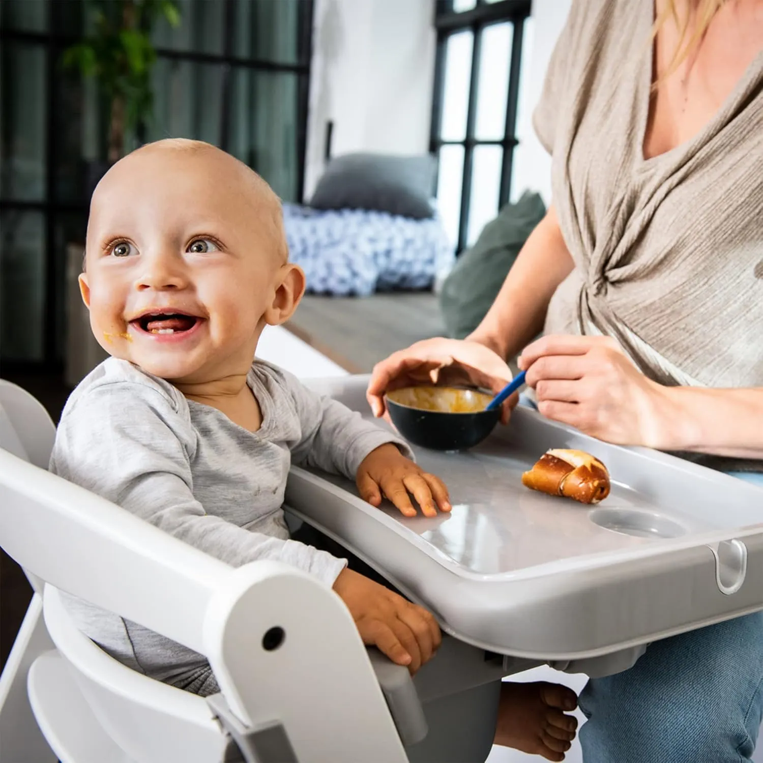 hauck Alpha  Grow Along White Wooden High Chair Seat with Grey Removable Tray Table and Pad Deluxe Seat Cushion for Babies 6 Months and Up