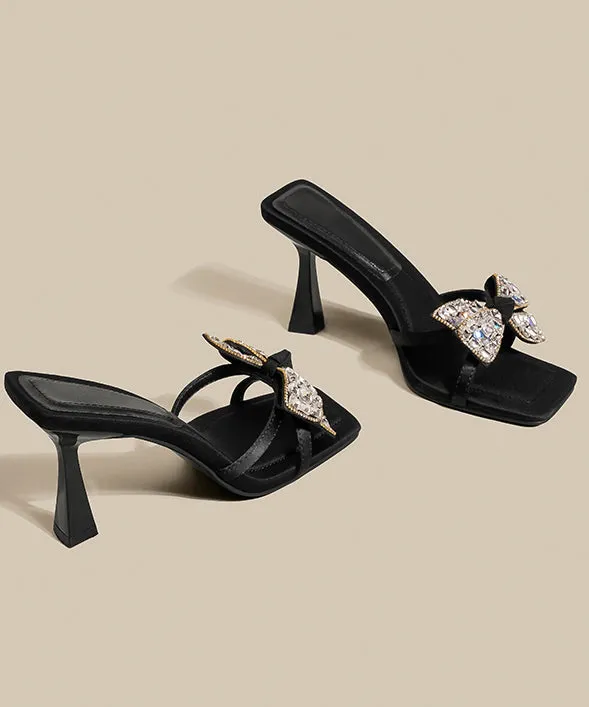 High Splicing Sandals Heel Bow Zircon Black Slide