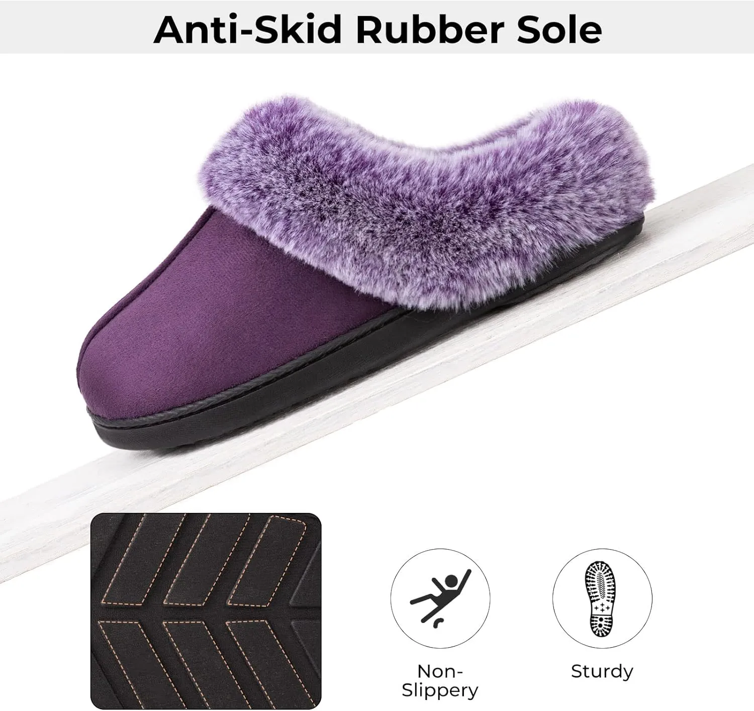 HomeTop Women's Classic Microsuede Memory Foam Slippers Durable Rubber Sole with Warm Faux Fur Collar