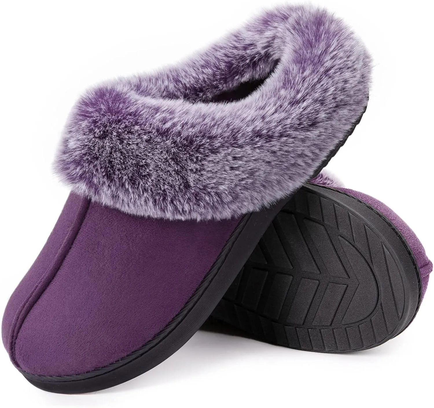 HomeTop Women's Classic Microsuede Memory Foam Slippers Durable Rubber Sole with Warm Faux Fur Collar