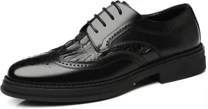 HOOENG Formal Oxford Shoes for Men Lace Up Derby Shoes Brogue Embossed Wing Tip Crocodile Embossed Leather Anti-Slip Non Slip Low Top Rubber Sole Business (Color : Black, Size : 7)