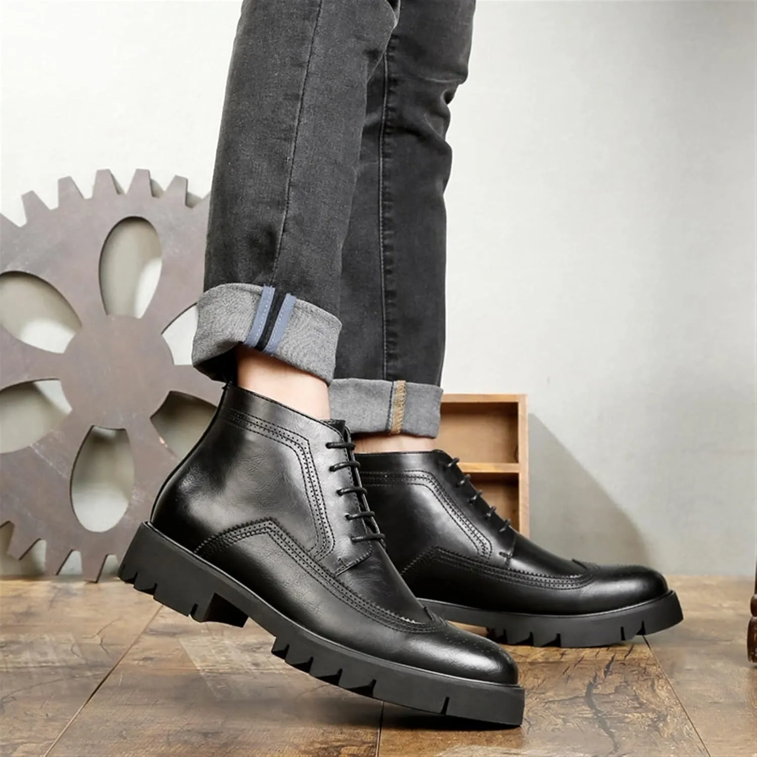 HOOENG Lace Up Boots for Men Derby Win Tip Carved Brogue Irregular Bottom Vegan Leather Non Slip Block Heel Slip Resistant Classic Casual Stylish