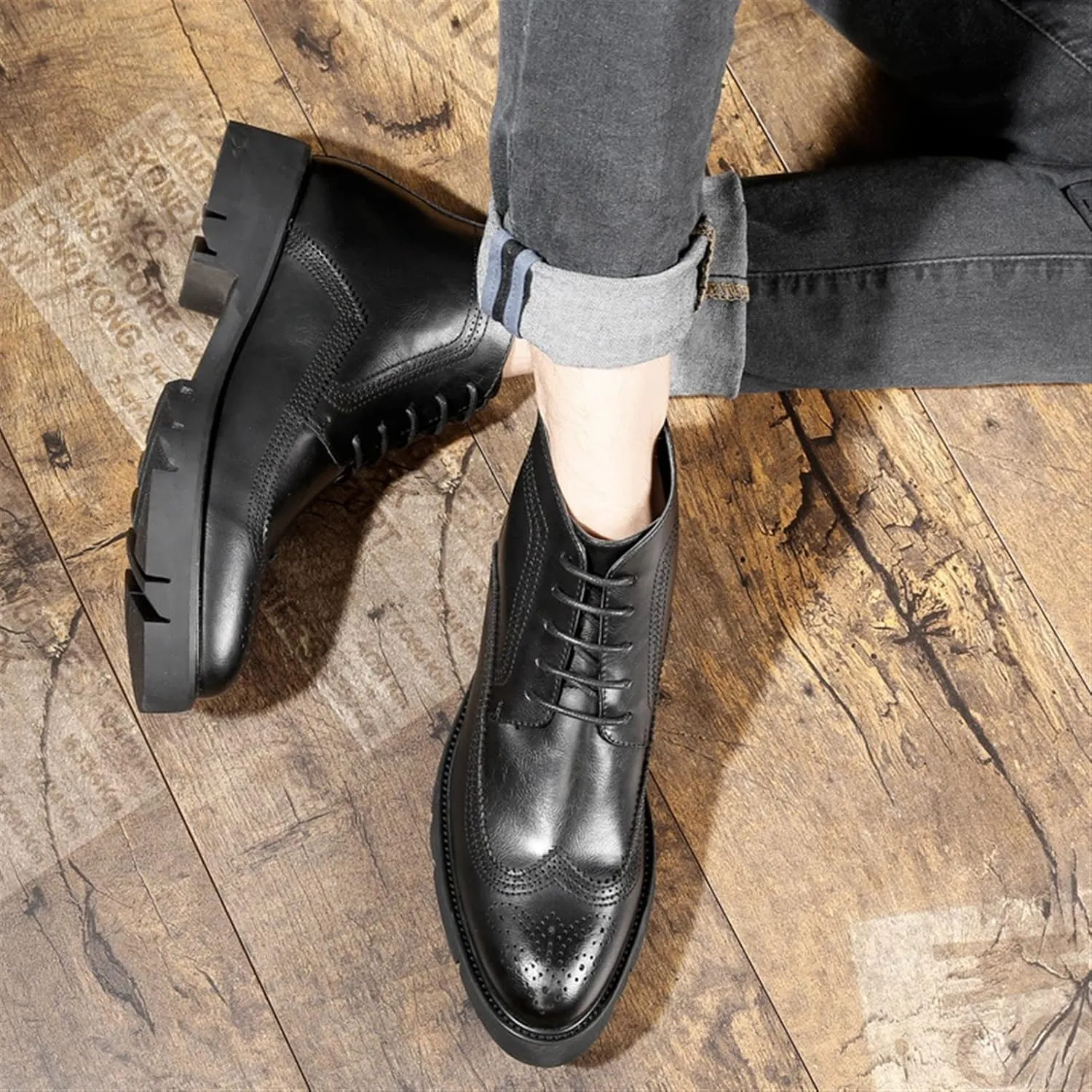HOOENG Lace Up Boots for Men Derby Win Tip Carved Brogue Irregular Bottom Vegan Leather Non Slip Block Heel Slip Resistant Classic Casual Stylish