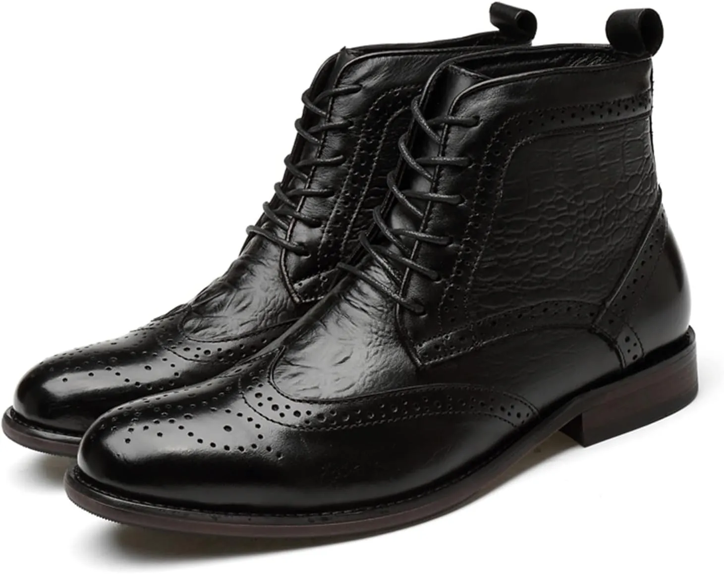 HOOENG Round Toe Lace Up Boots for Men Derby Burnished Toe Carved Brogue Win Tip Crocodile Print Cowhide Leather Anti-Slip Waterproof Stylish Dress