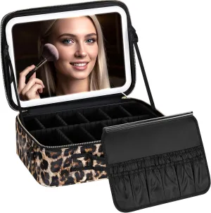 IPOW Travel Makeup Bag with LED Mirror, 3 Adjustable Light Settings, Customizable Dividers, Portable Travel Organizer, USB Charging, Leopard print, Large
