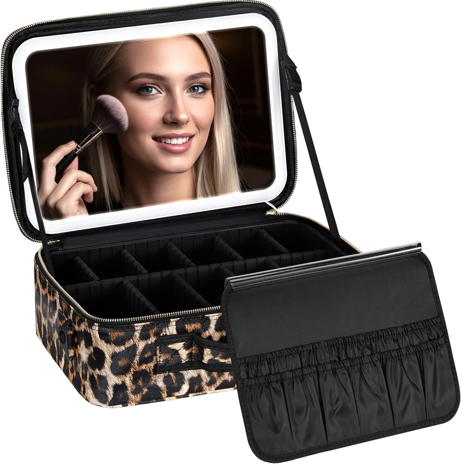 IPOW Travel Makeup Bag with LED Mirror, 3 Adjustable Light Settings, Customizable Dividers, Portable Travel Organizer, USB Charging, Leopard print, Large