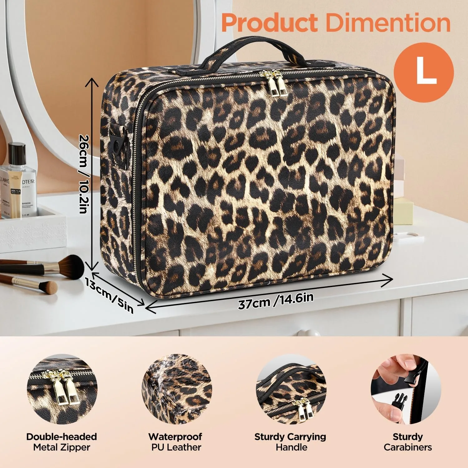 IPOW Travel Makeup Bag with LED Mirror, 3 Adjustable Light Settings, Customizable Dividers, Portable Travel Organizer, USB Charging, Leopard print, Large