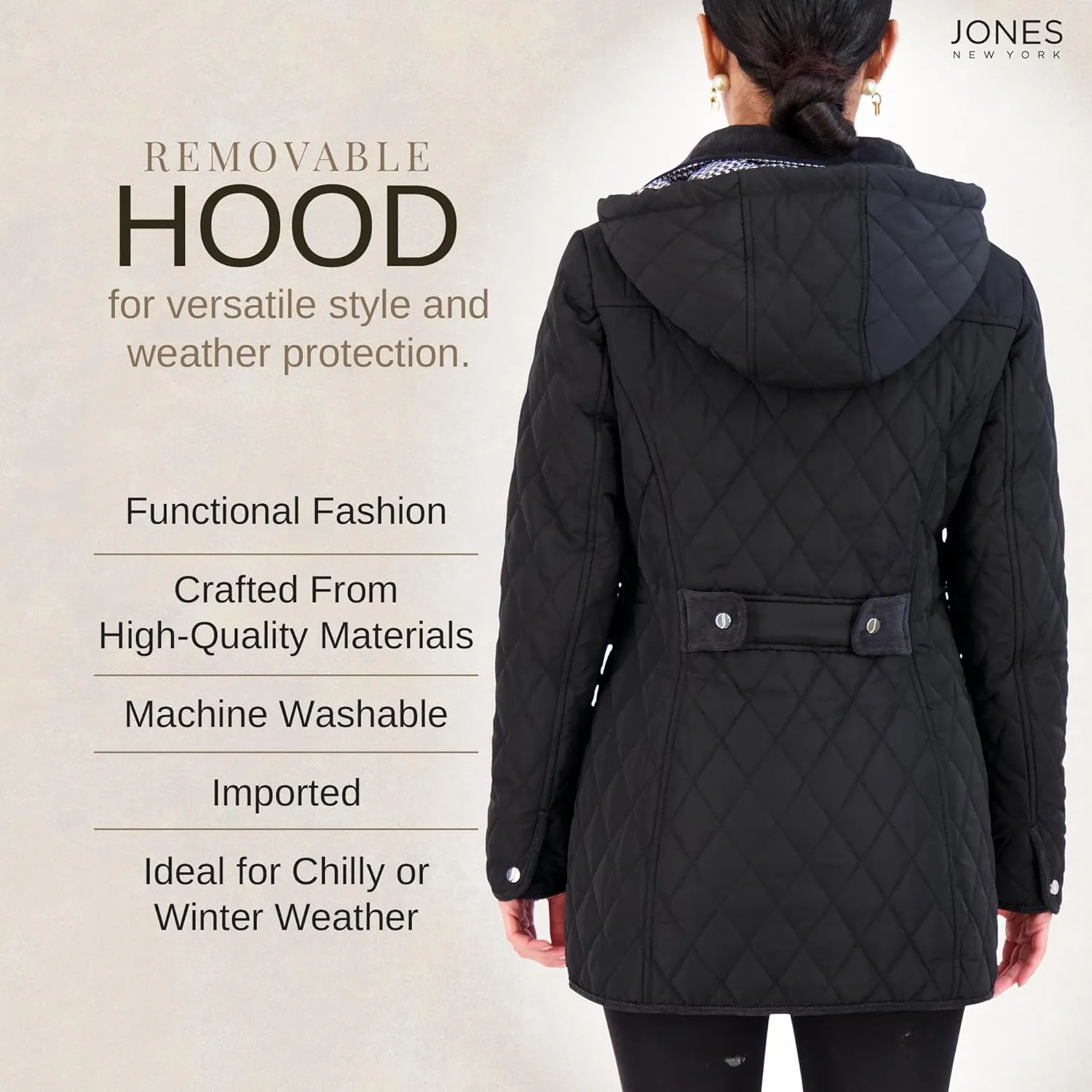 Jones NY Mid-Length Womens Quilted Jacket with Pockets - Winter Coats for Women, Black