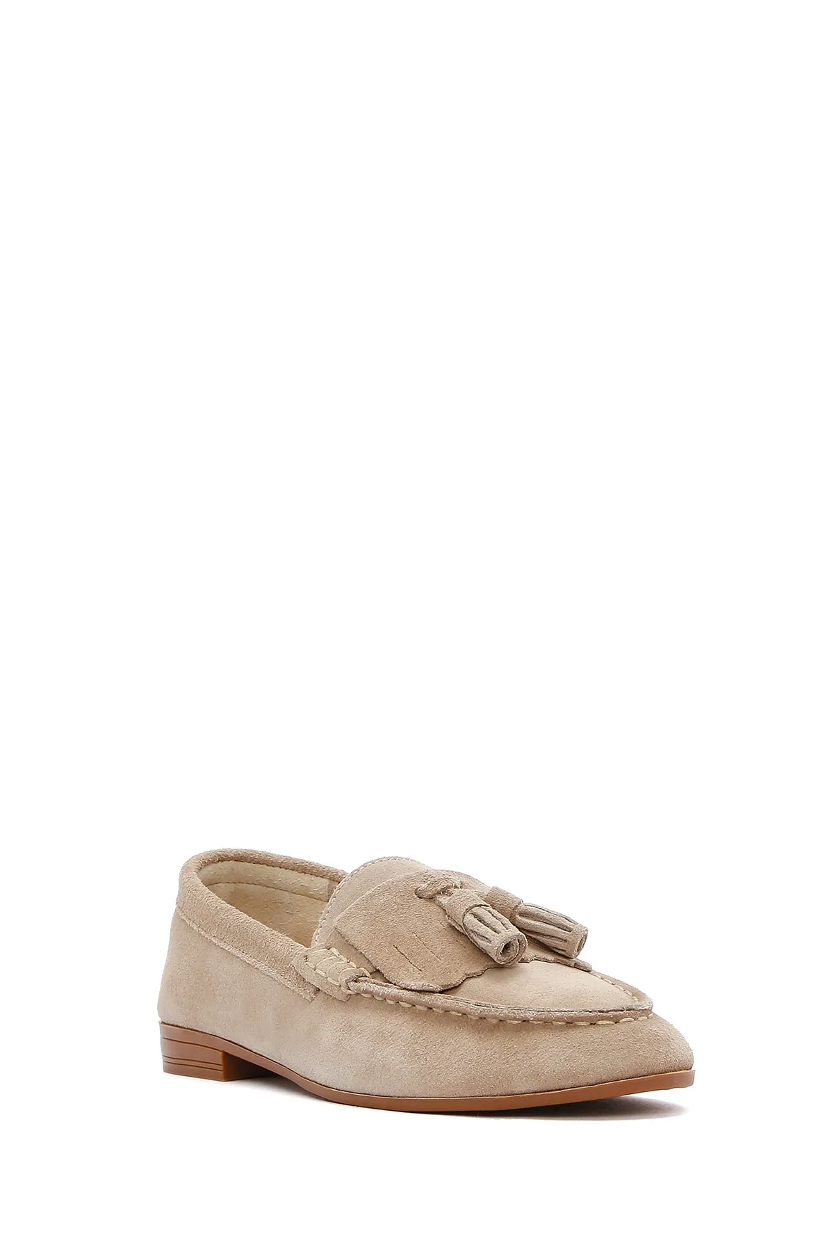 Kadın Bej Süet Deri Maskülen Loafer