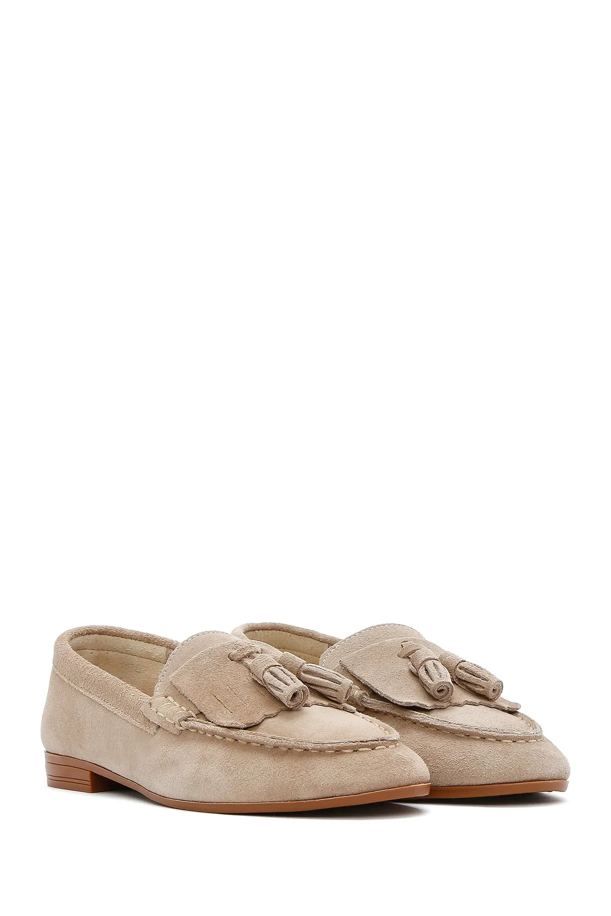 Kadın Bej Süet Deri Maskülen Loafer