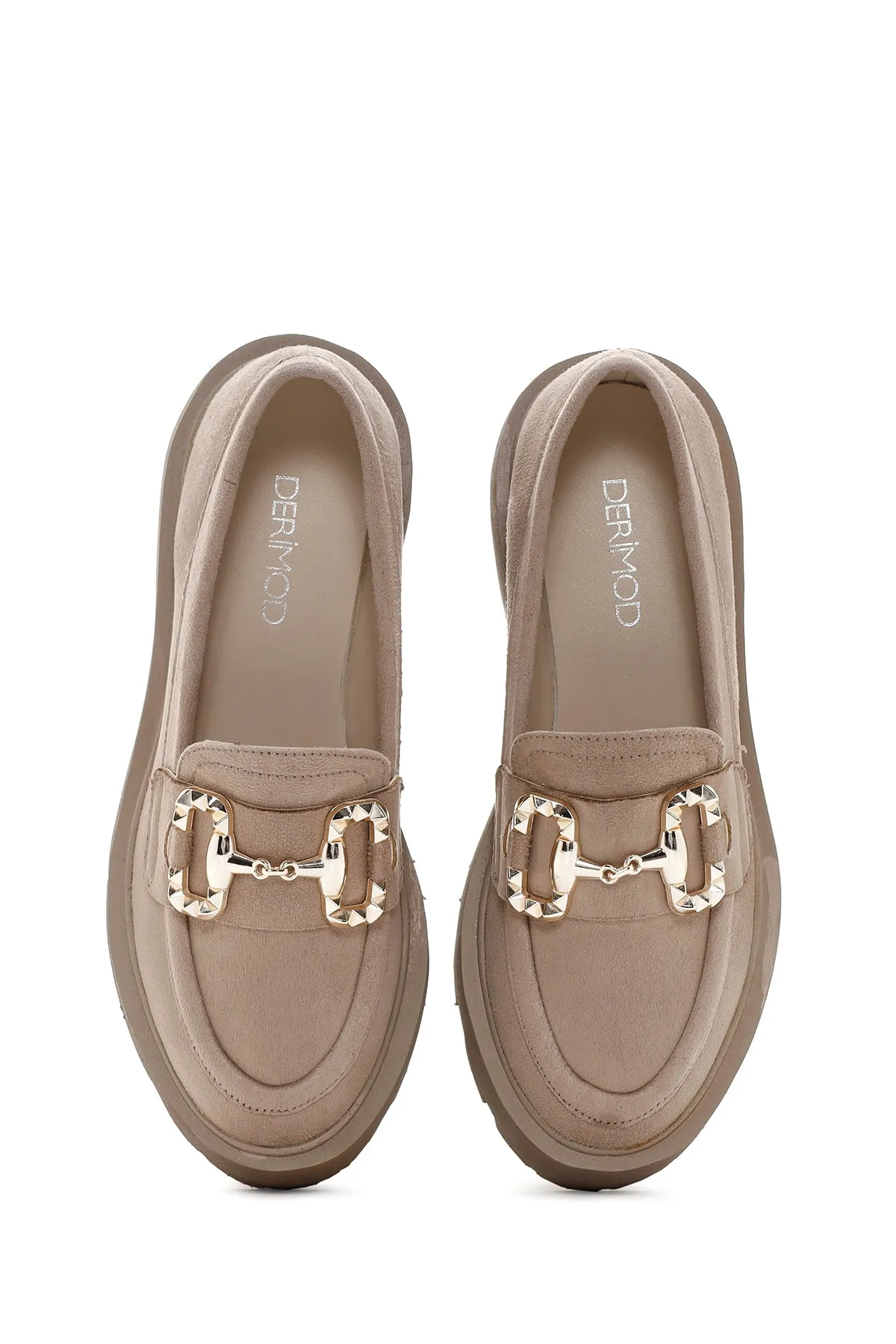 Kadın Bej Süet Tokalı Maskülen Loafer