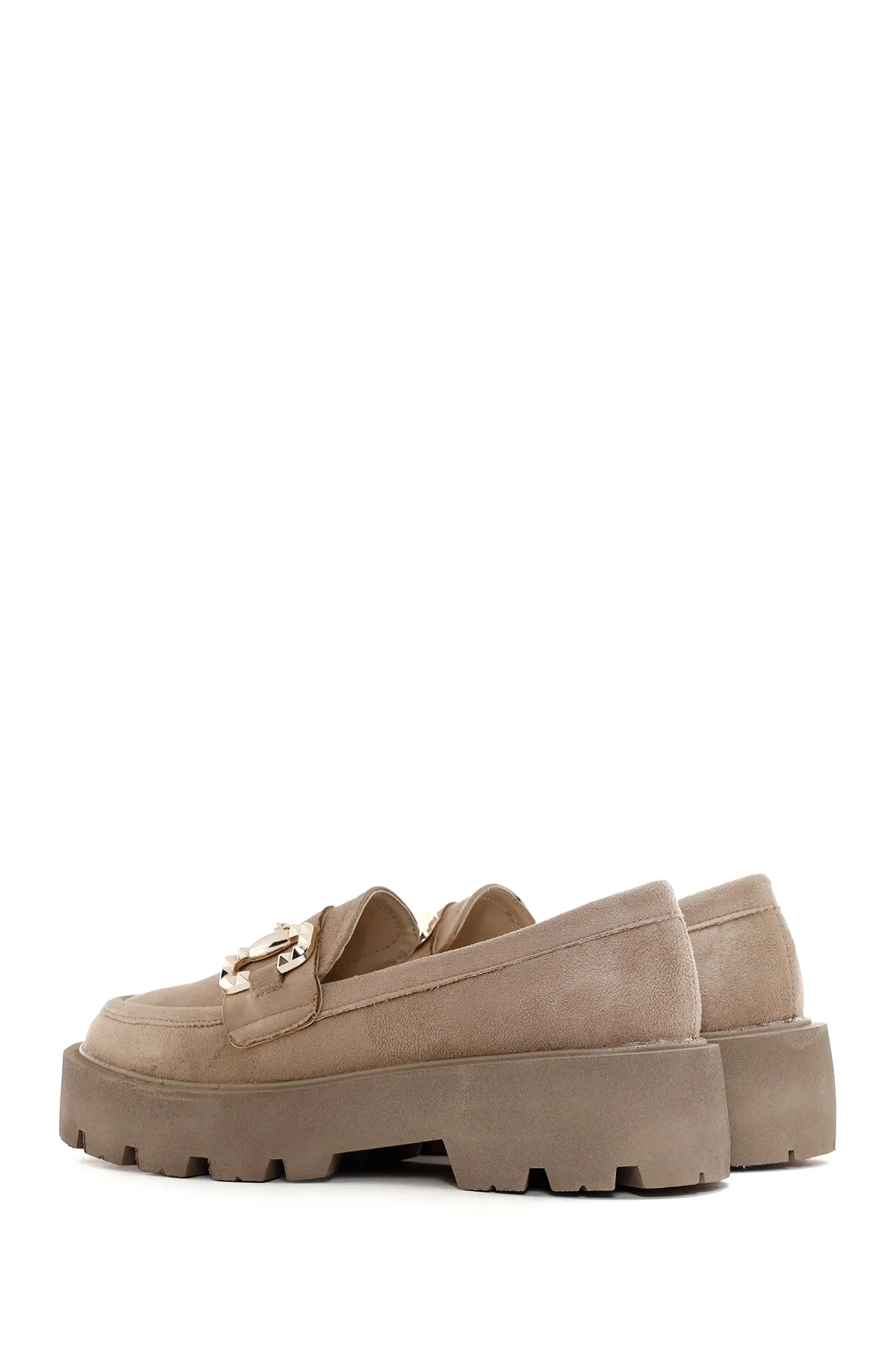 Kadın Bej Süet Tokalı Maskülen Loafer
