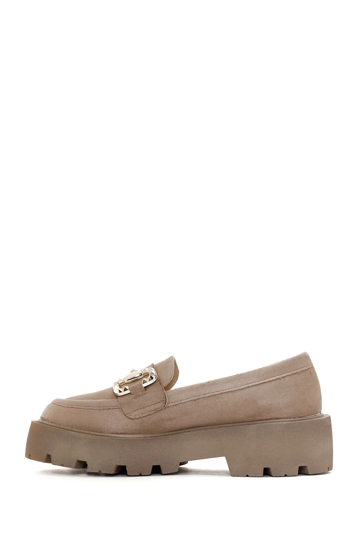 Kadın Bej Süet Tokalı Maskülen Loafer