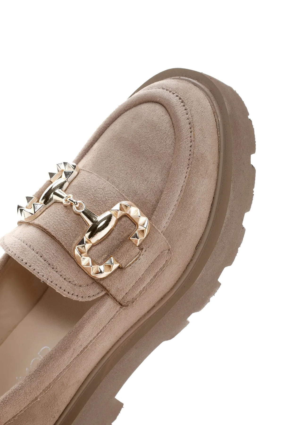 Kadın Bej Süet Tokalı Maskülen Loafer