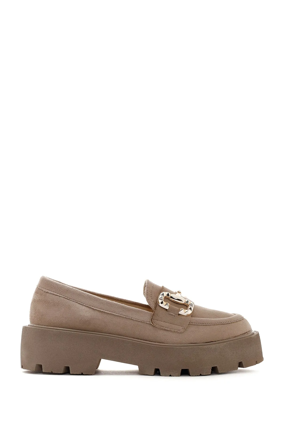 Kadın Bej Süet Tokalı Maskülen Loafer