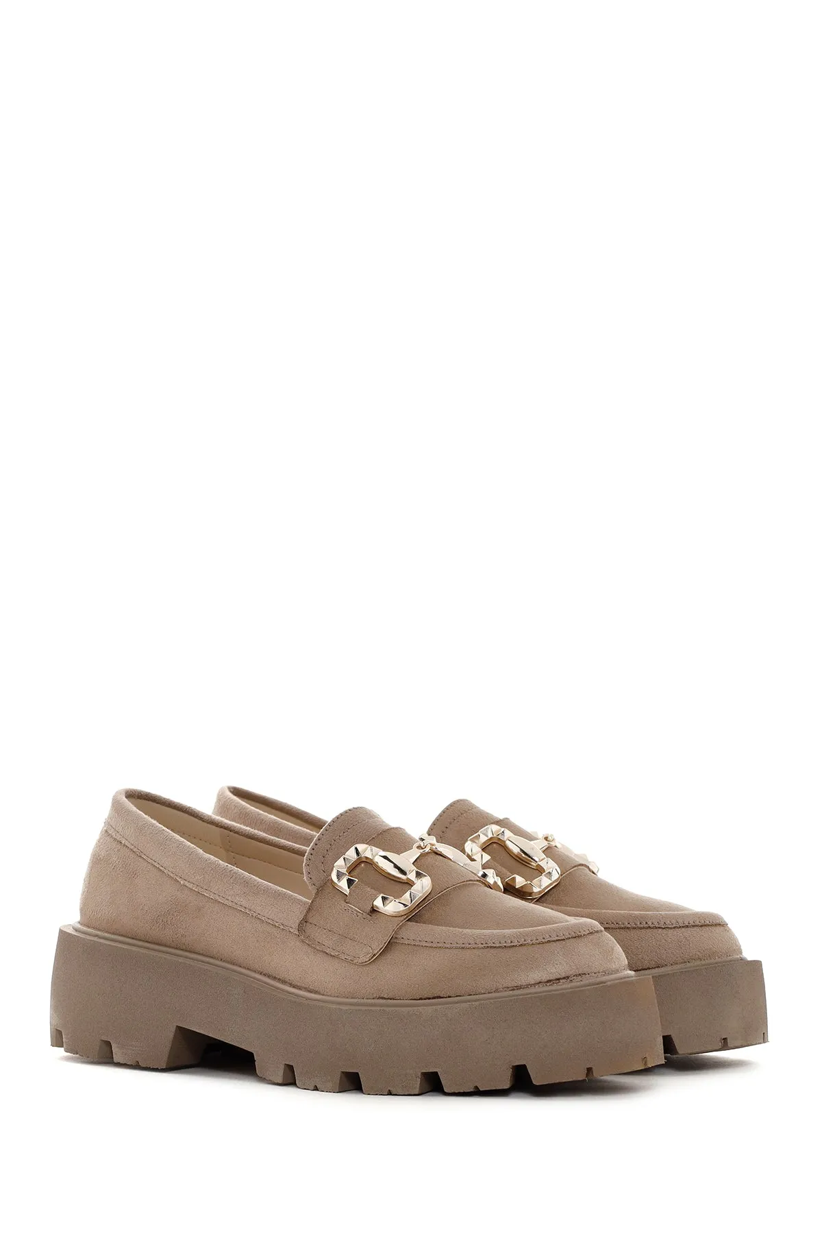 Kadın Bej Süet Tokalı Maskülen Loafer