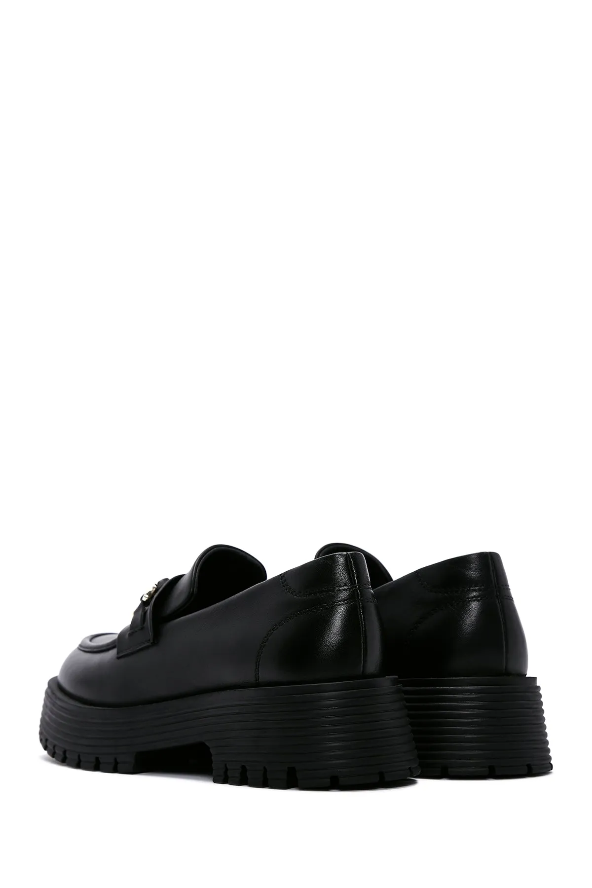 Kadın Siyah Deri Tokalı Maskülen Loafer