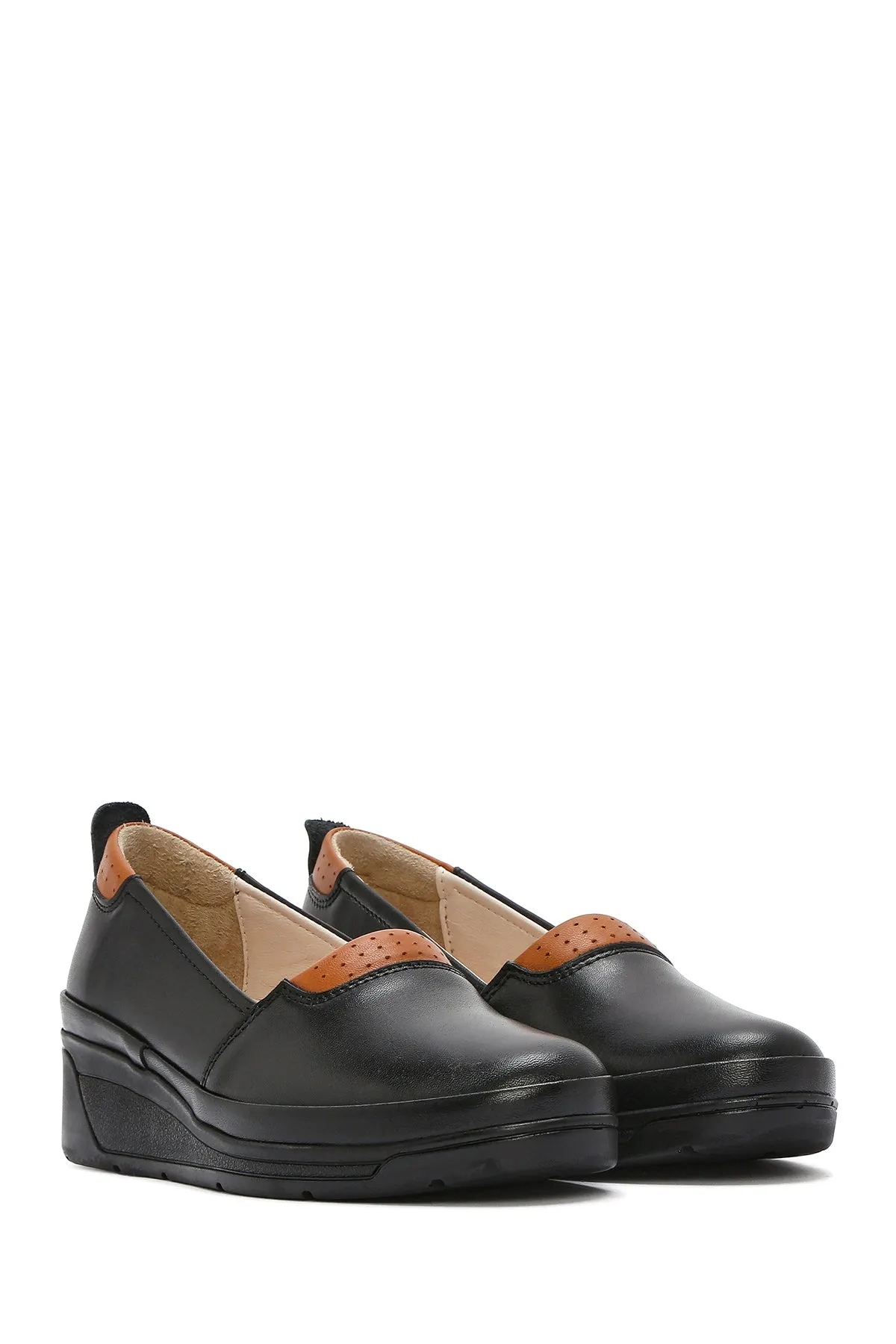 Kadın Siyah Dolgu Topuklu Deri Comfort Loafer