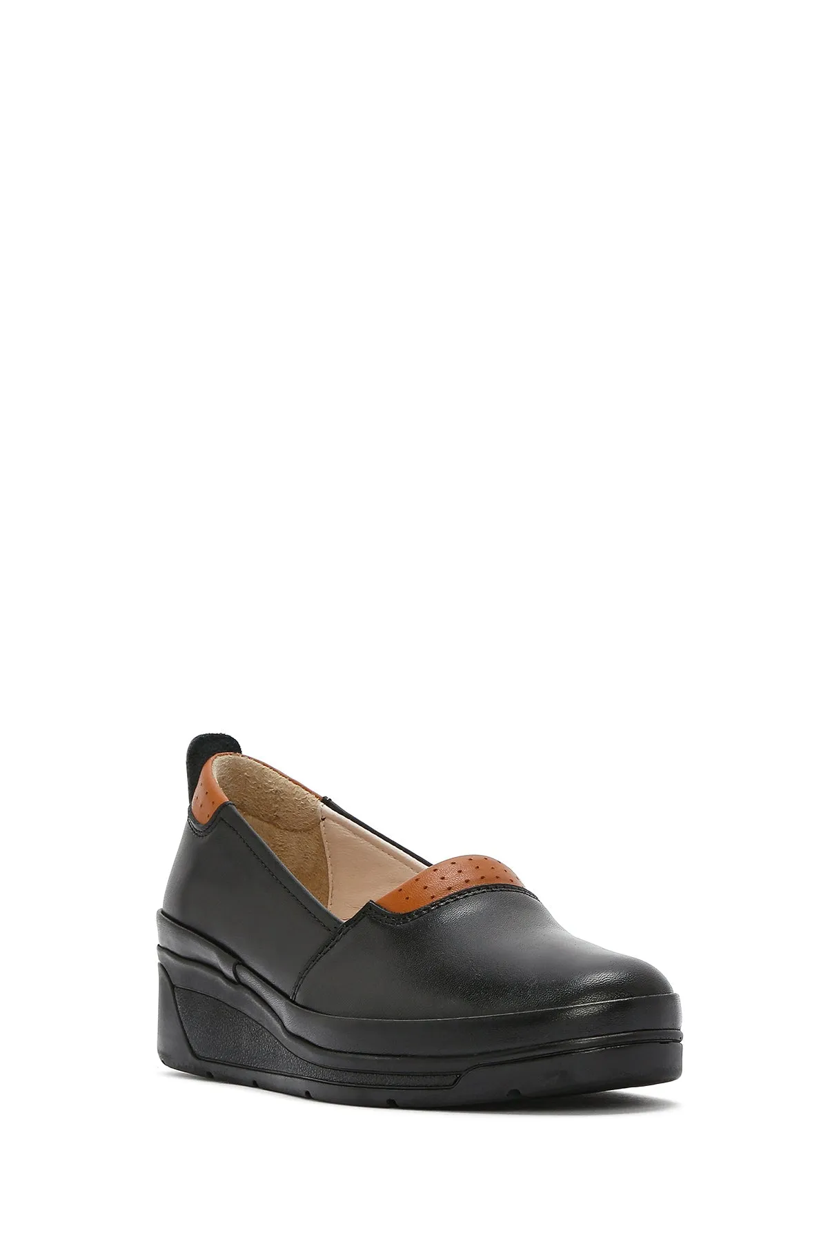 Kadın Siyah Dolgu Topuklu Deri Comfort Loafer