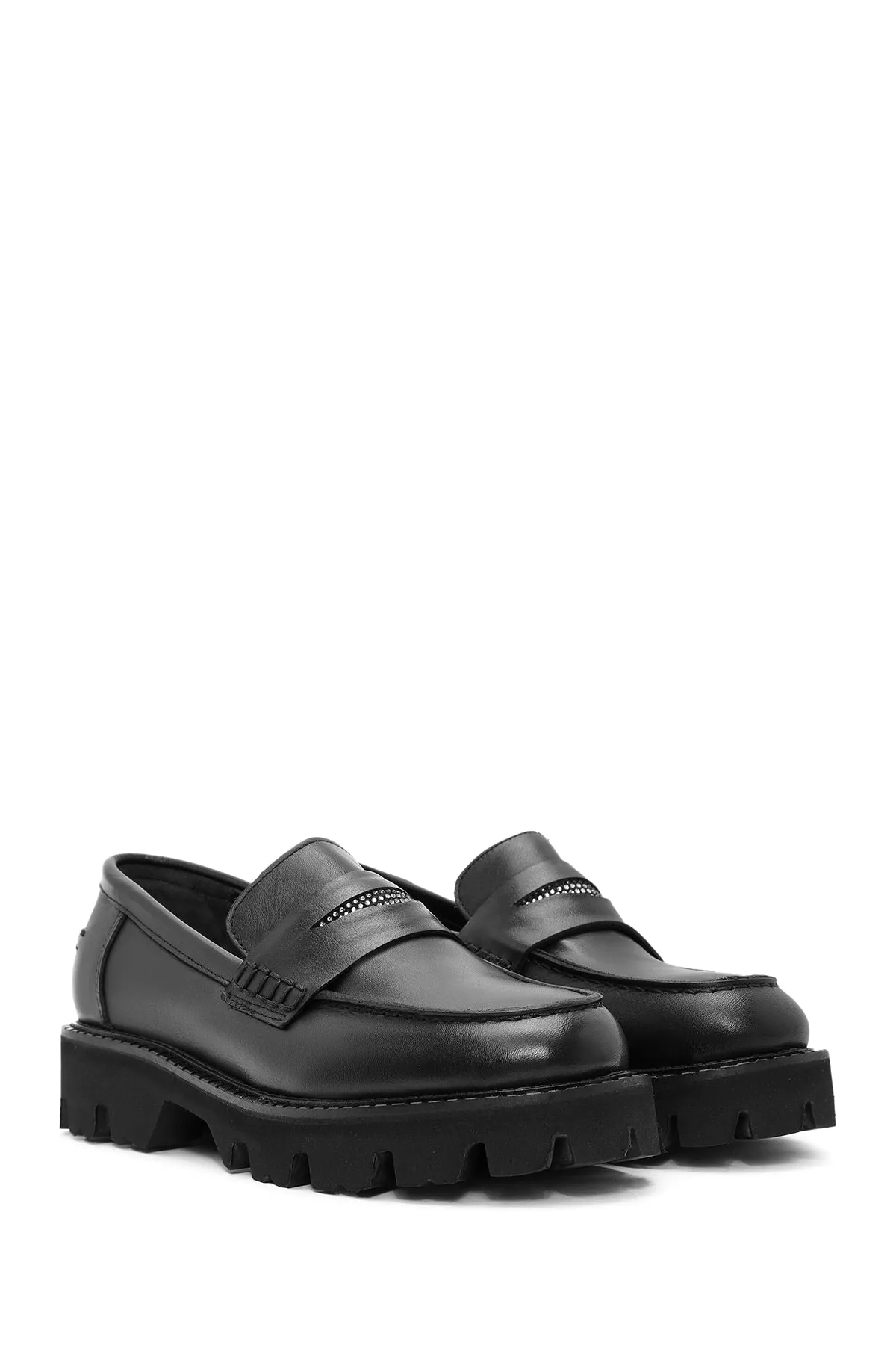 Kadın Siyah Taş Detaylı Deri Maskülen Loafer