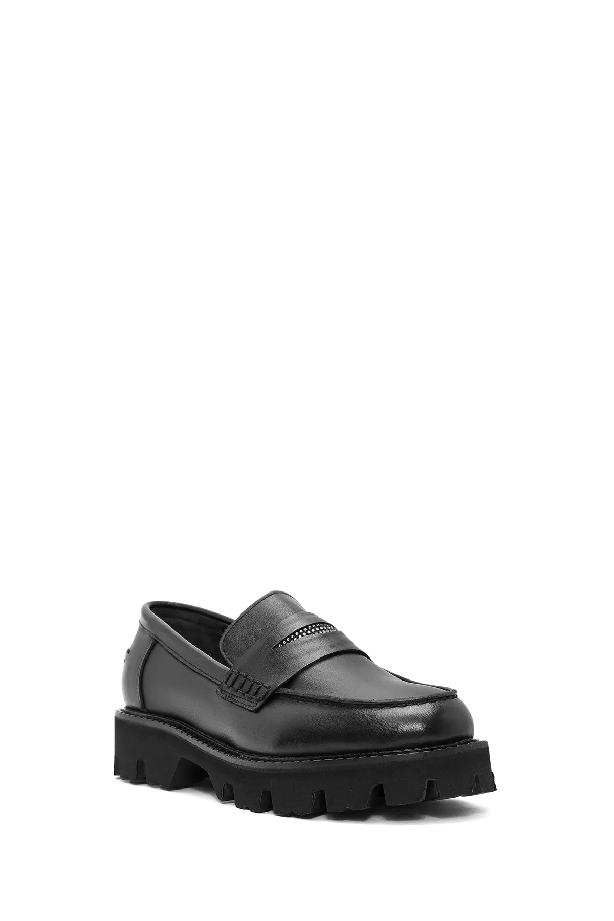 Kadın Siyah Taş Detaylı Deri Maskülen Loafer