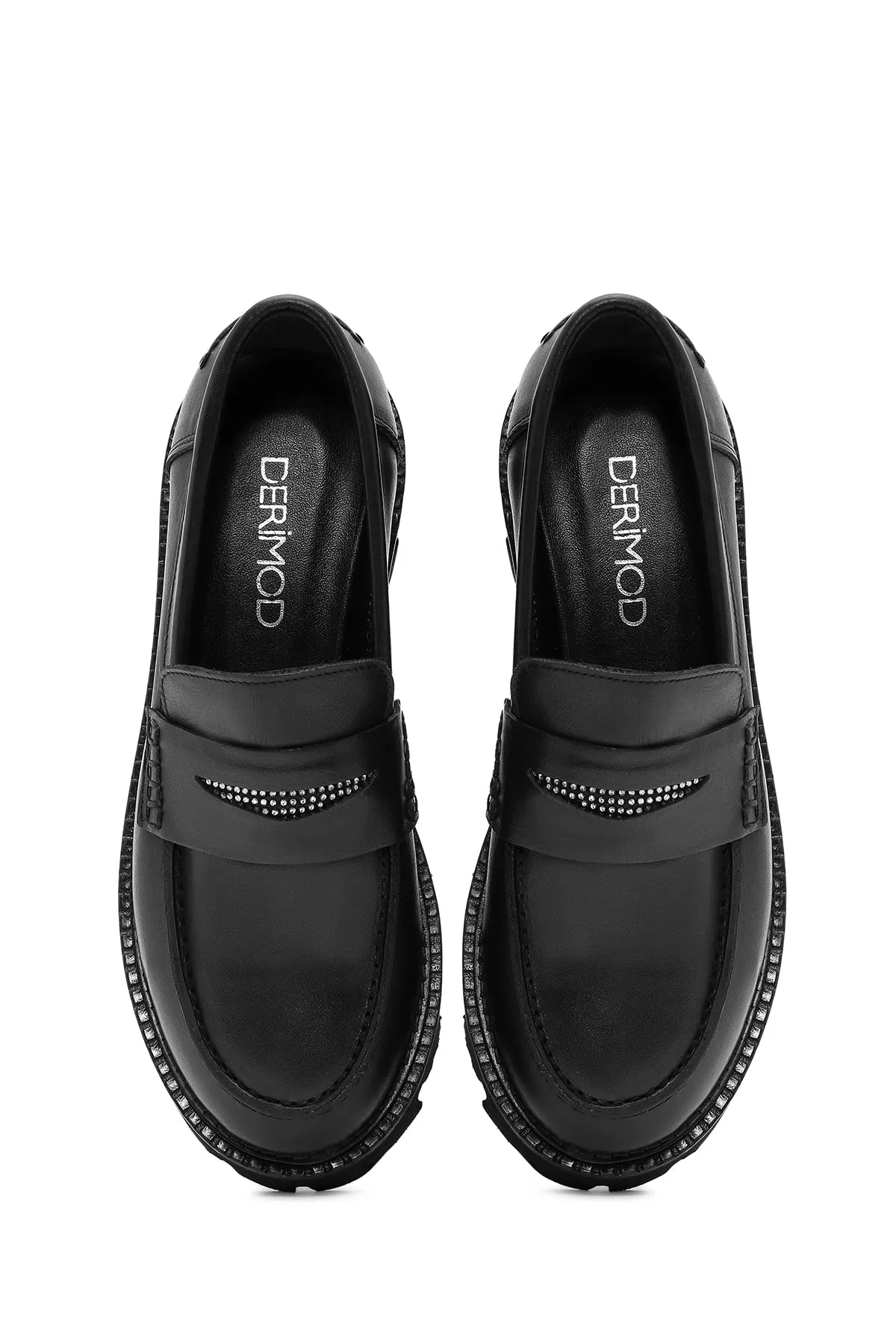 Kadın Siyah Taş Detaylı Deri Maskülen Loafer