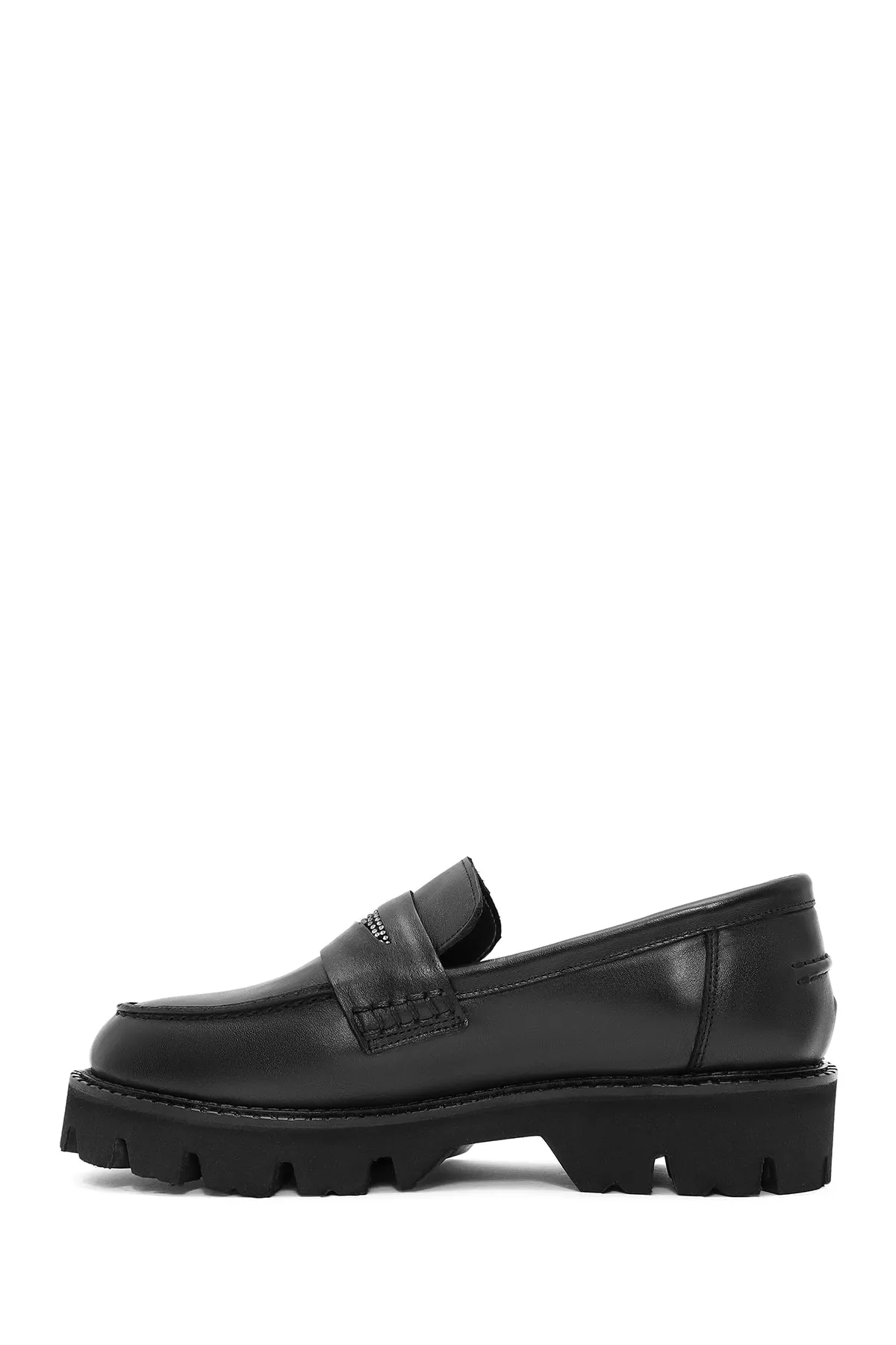 Kadın Siyah Taş Detaylı Deri Maskülen Loafer