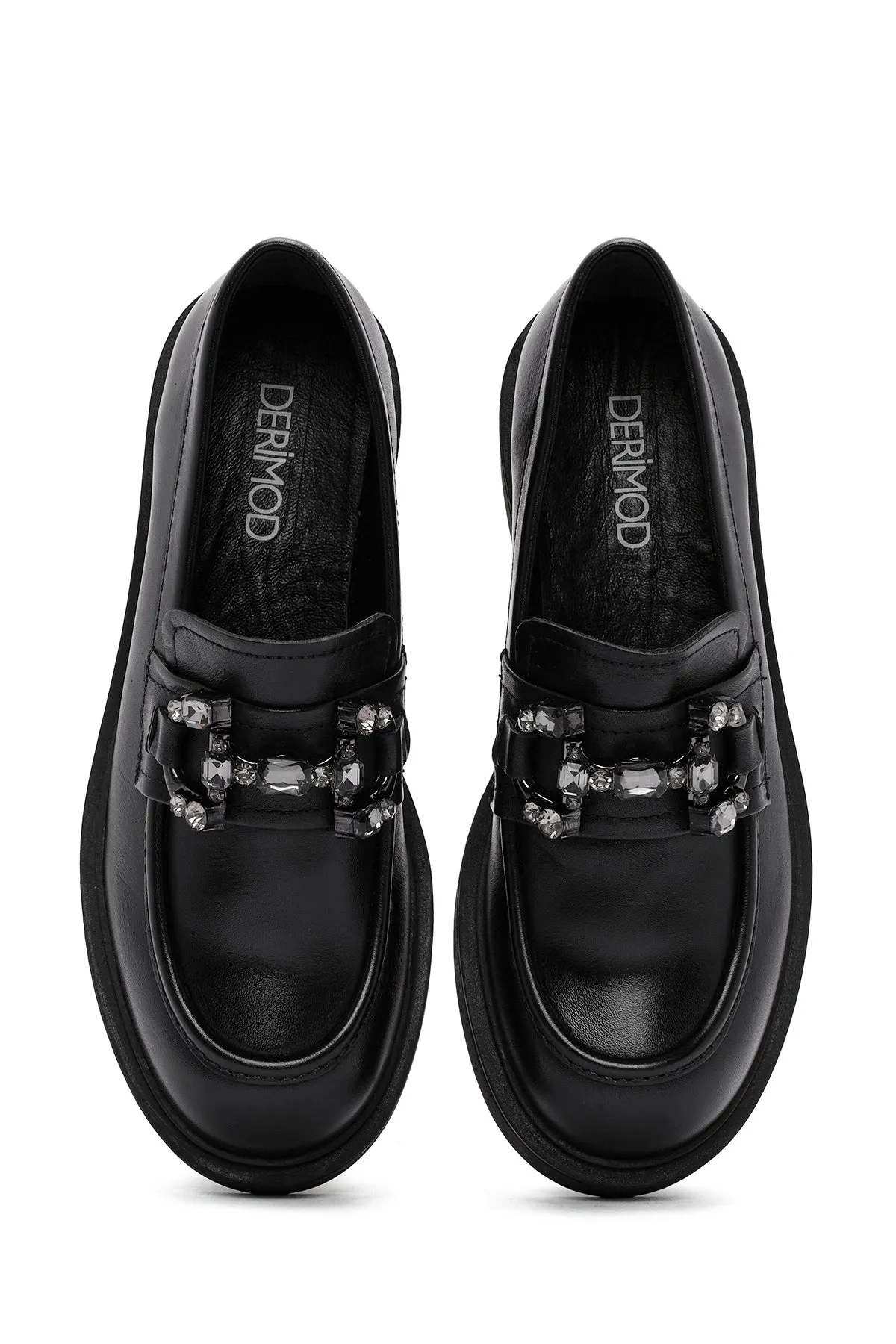Kadın Siyah Tokalı Deri Maskülen Loafer