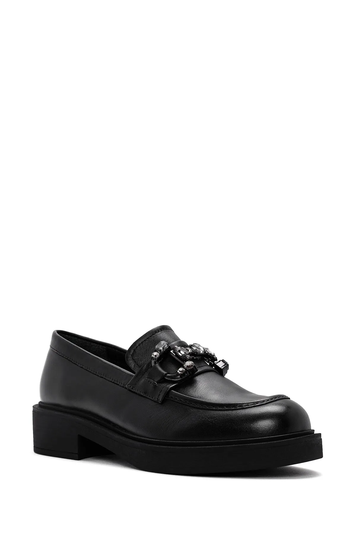 Kadın Siyah Tokalı Deri Maskülen Loafer