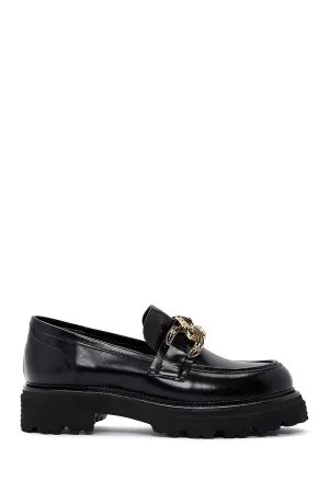 Kadın Siyah Zincir Detaylı Deri Maskülen Loafer
