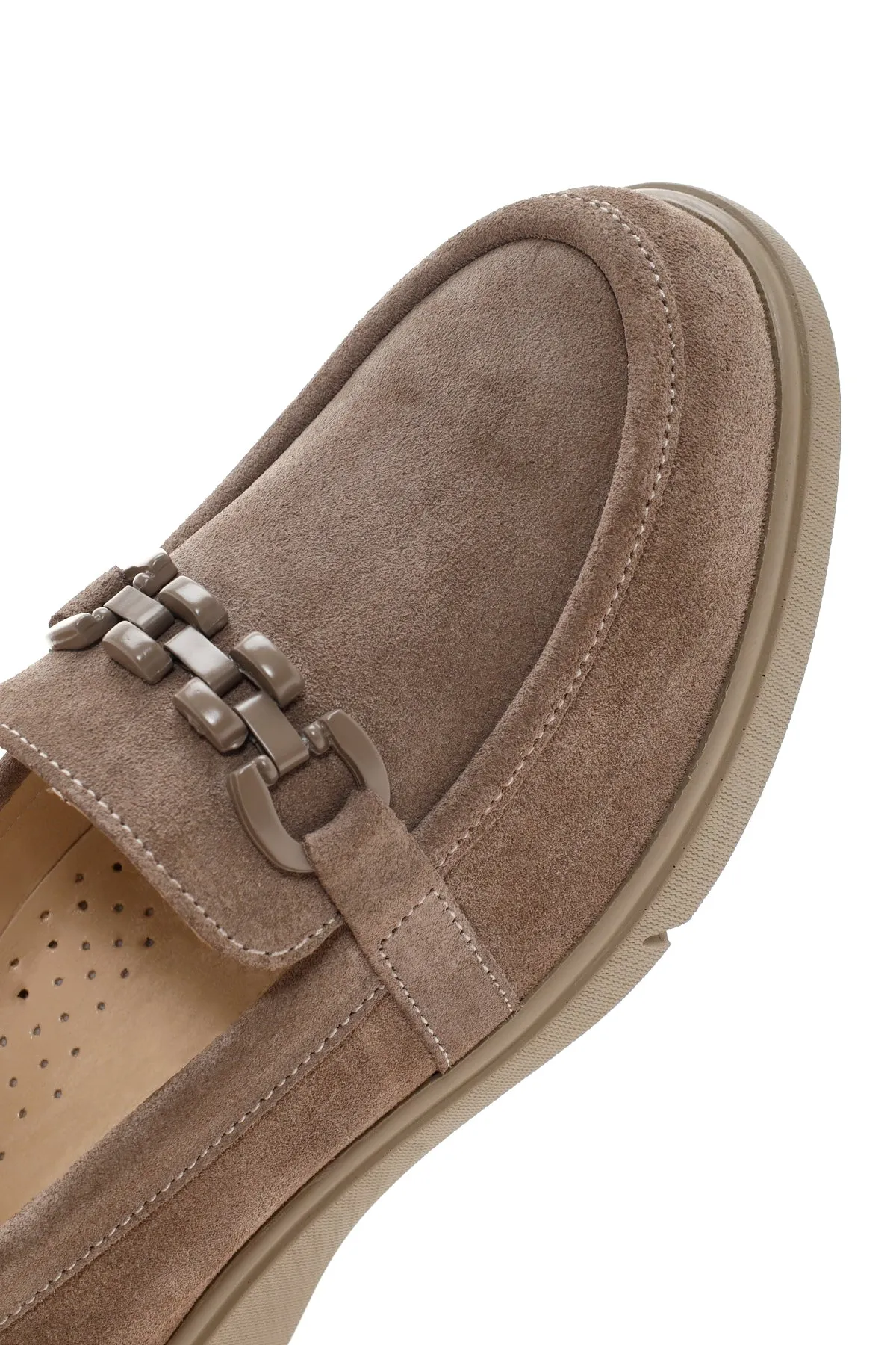 Kadın Vizon Süet Deri Tokalı Comfort Casual Loafer
