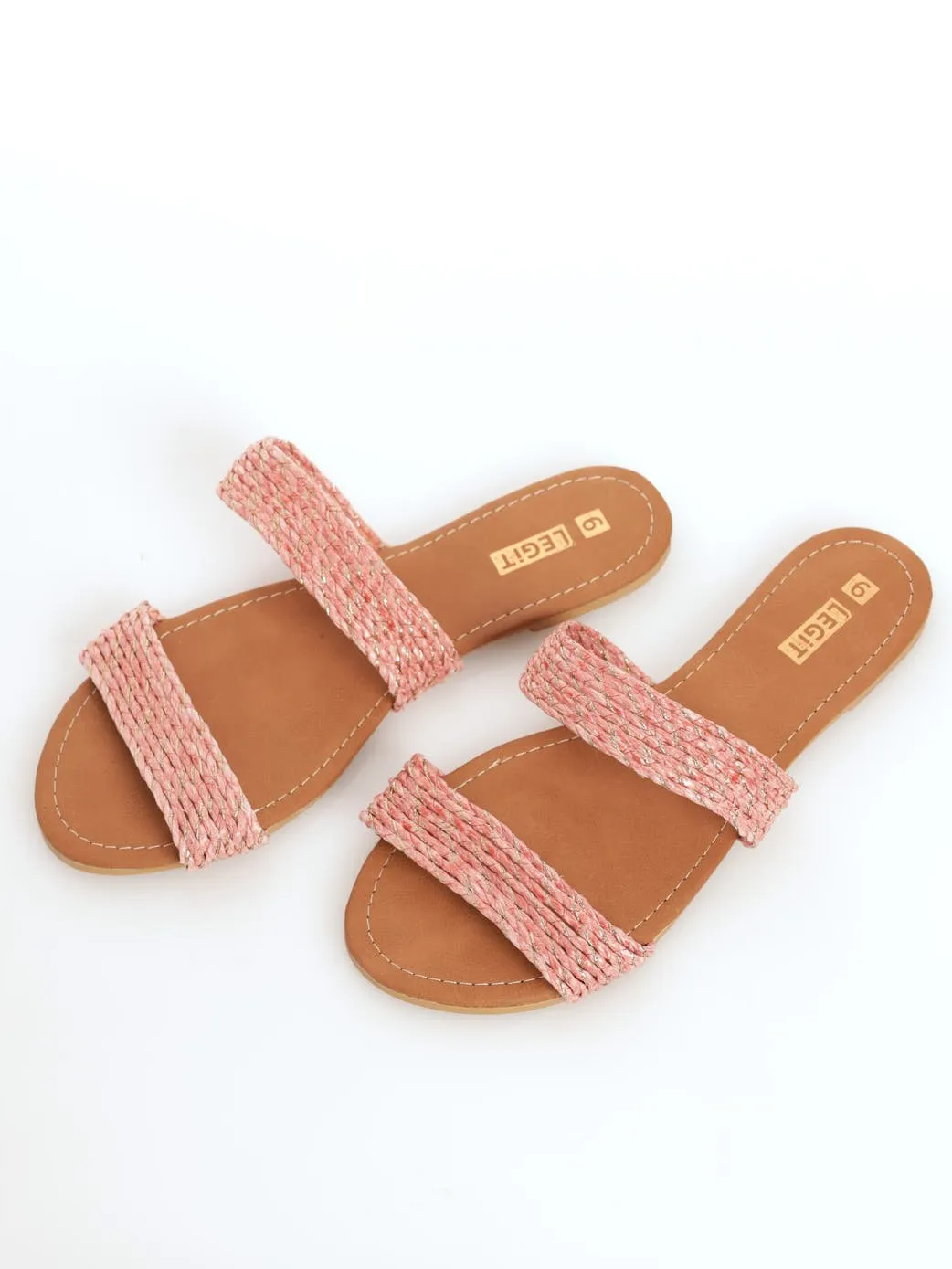 Ladies Double Band Twisted Weave Mule Sandal - Peach