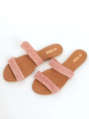Ladies Double Band Twisted Weave Mule Sandal - Peach