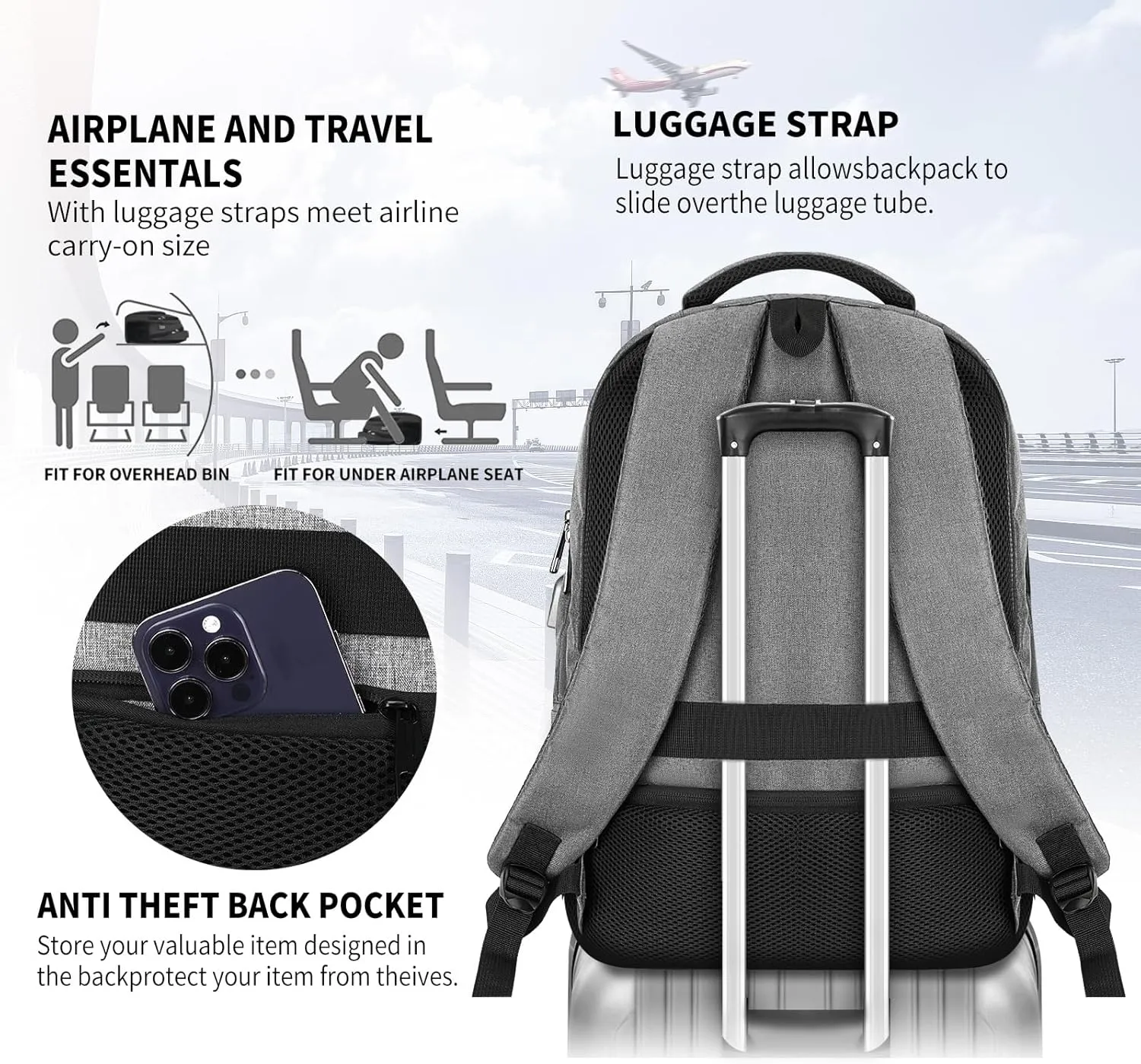 Laptop Backpack for Men Women,Work Business Backpack with USB Charging Port,Water Resistant College Computer Bookbag Fits 17.3 Inch Laptop,Waterproof Anti Theft Back Pack,Mochilas Grey