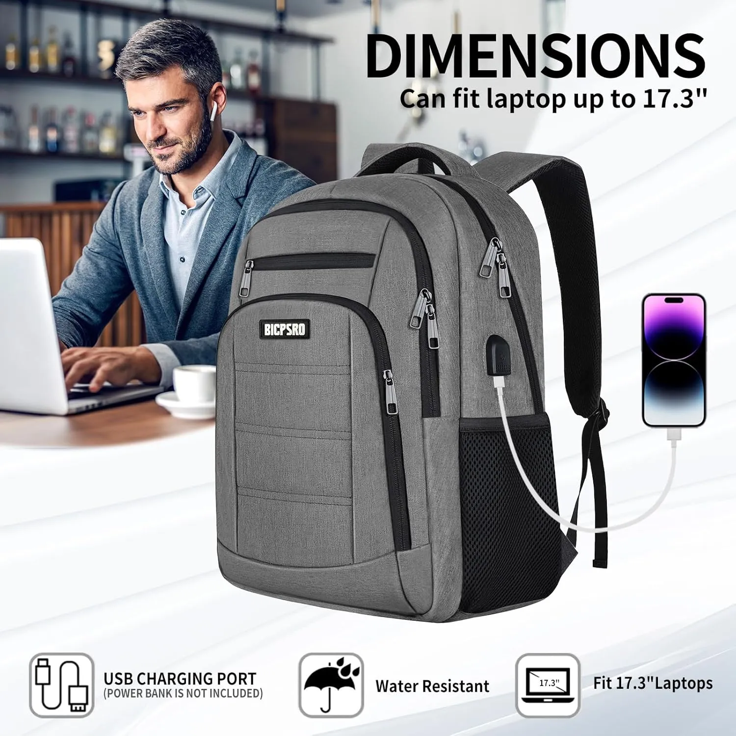 Laptop Backpack for Men Women,Work Business Backpack with USB Charging Port,Water Resistant College Computer Bookbag Fits 17.3 Inch Laptop,Waterproof Anti Theft Back Pack,Mochilas Grey