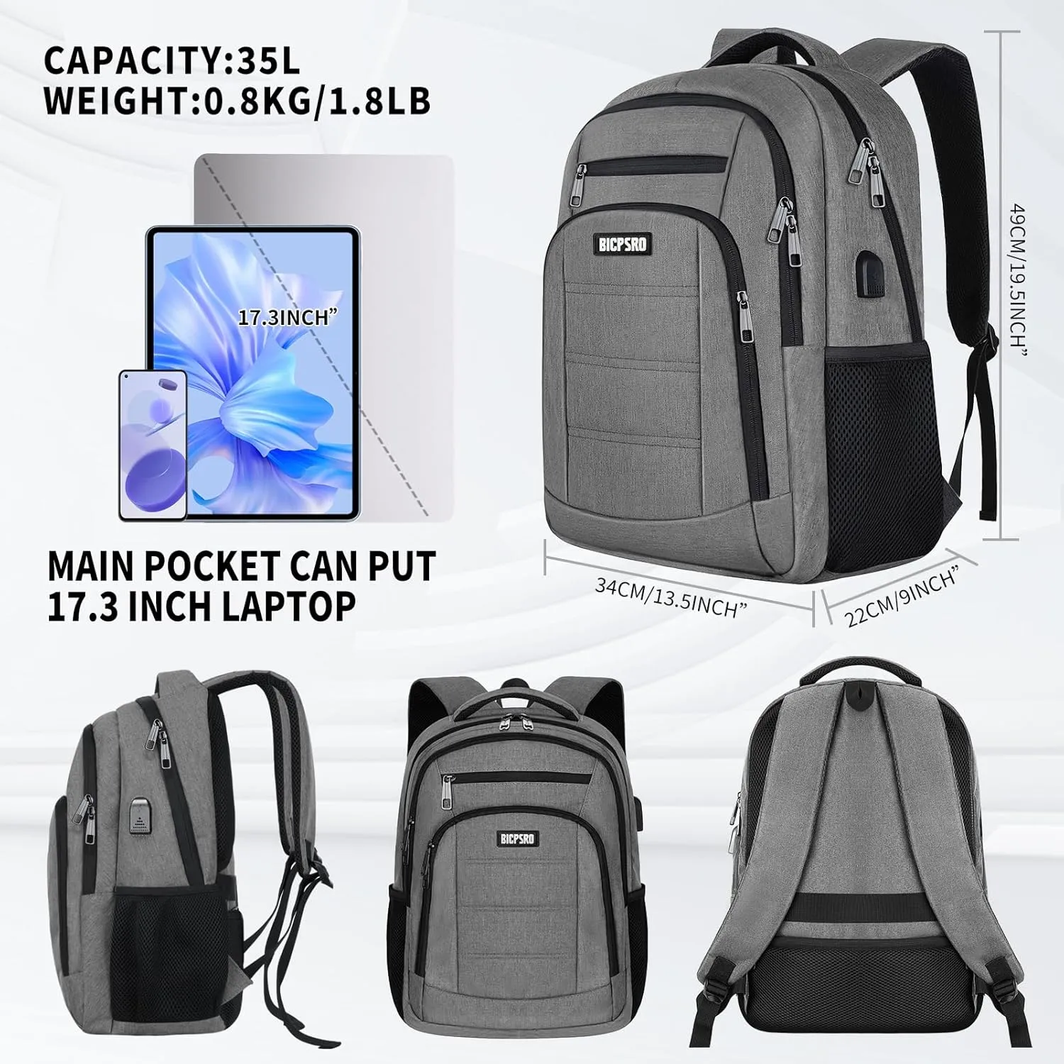 Laptop Backpack for Men Women,Work Business Backpack with USB Charging Port,Water Resistant College Computer Bookbag Fits 17.3 Inch Laptop,Waterproof Anti Theft Back Pack,Mochilas Grey