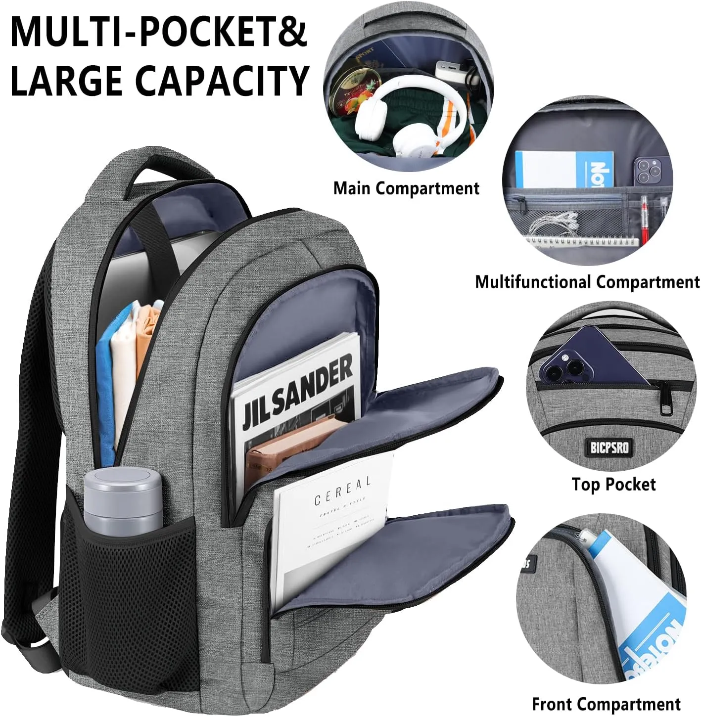 Laptop Backpack for Men Women,Work Business Backpack with USB Charging Port,Water Resistant College Computer Bookbag Fits 17.3 Inch Laptop,Waterproof Anti Theft Back Pack,Mochilas Grey
