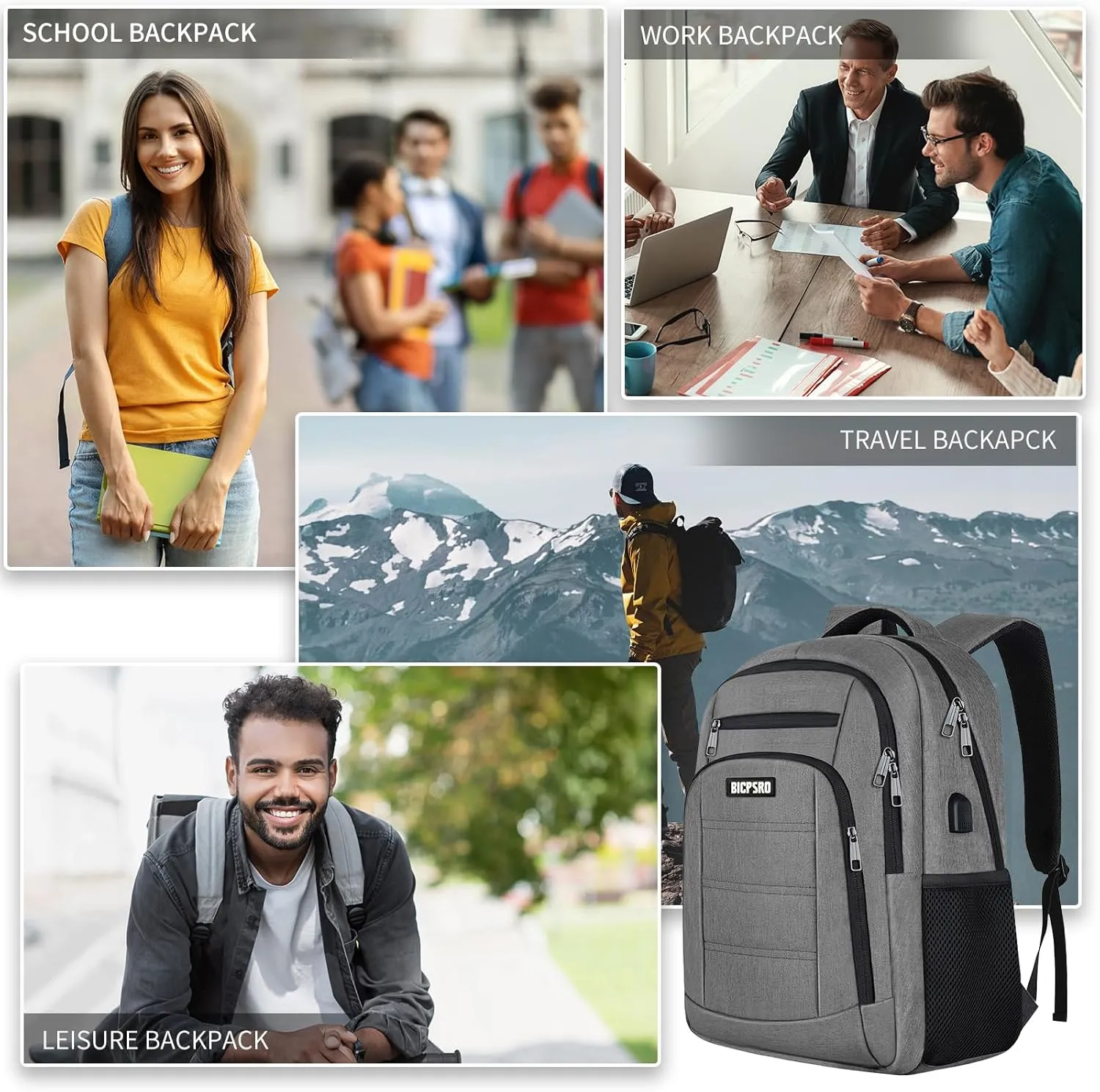 Laptop Backpack for Men Women,Work Business Backpack with USB Charging Port,Water Resistant College Computer Bookbag Fits 17.3 Inch Laptop,Waterproof Anti Theft Back Pack,Mochilas Grey