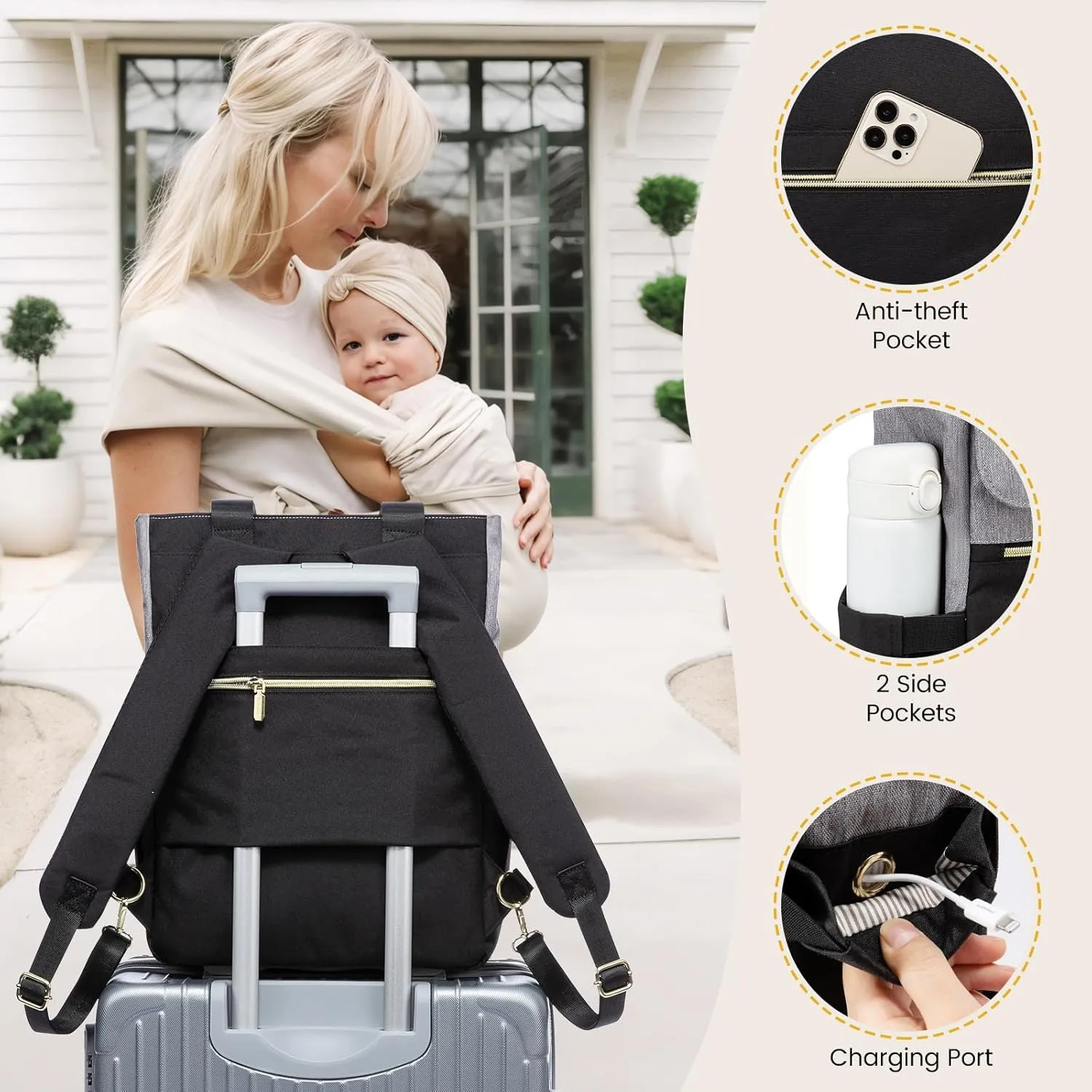 LOVEVOOK Diaper Bag Backpack,Diaper Bag Tote with Insulated Pockets,Baby Bag for Girl Boy with Changing Pad,Large Baby Diaper Bag with Pacifier Case,Anti-Theft Travel Backpack for Women,Black-Gray