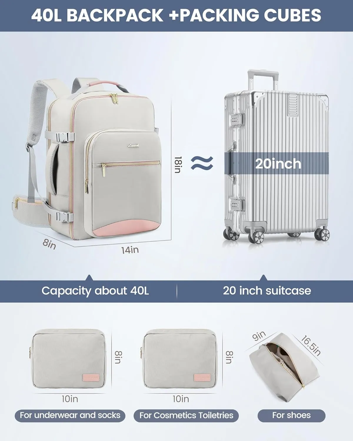 LOVEVOOK Travel Backpack for Women with Waist Strap,40L Cute Carry on Backpack Travels Essentials Personal Item Backpack for Traveling on Airplane,Large Carry on Luggage Travel Bag Flight Approved