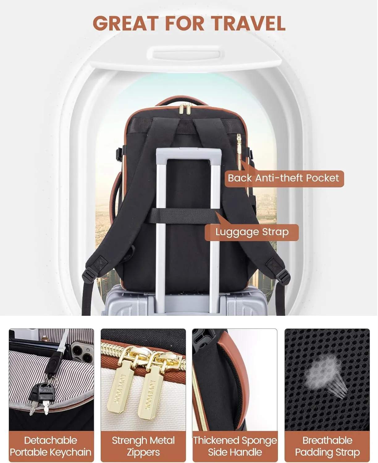 LOVEVOOK Travel Backpack for Women,40L Carry On Backpack for Airplanes,17.3 Inch Laptop Personal Item Travel Bag