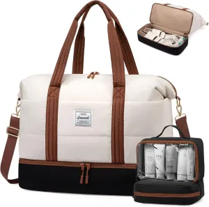 LOVEVOOK Travel Duffle Bag for Women, 3Pcs Puffer Large Weekender Overnight Bag with Shoe Compartment, Water Resistant Gym Duffel Bag, Carry on Bag for Hospital Delivery with Toiletry Organizer