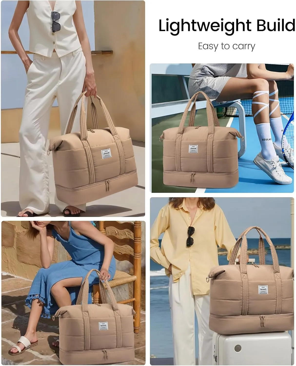 LOVEVOOK Travel Duffle Bag for Women, 3Pcs Puffer Large Weekender Overnight Bag with Shoe Compartment, Water Resistant Gym Duffel Bag, Carry on Bag for Hospital Delivery with Toiletry Organizer